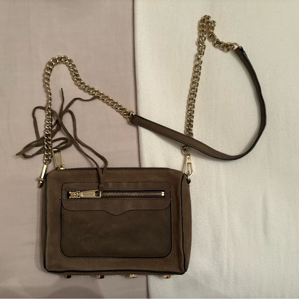 green suede rebecca minkoff crossbody with gold detailing